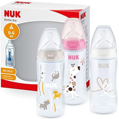 Nuk First Choice+ Lot de 3 biberons pour bébé de 0 à 6 mois, contrôle de la température, anti-coliques, 300 ml, sans BPA, tétine en silicone, motif girafe rose 10225265