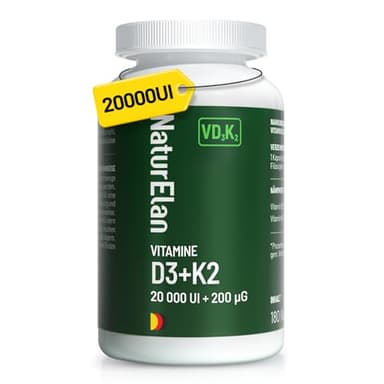 Vitamine D3 et K2, 20000 UI/j, 180 Comprimés, Approvisionnement annuel, vegetarisch, sans Stéarate de Magnésium, Fabriqué en Allemagne