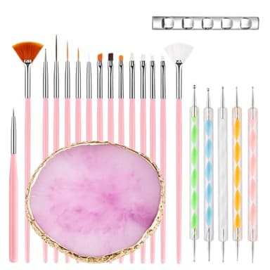 Kit de nail art avec 15 pinceaux à ongles et 5 stylos à poinçonner, y compris support à ongles - Kit de conception d'ongles professionnel pour manucure DIY et salon