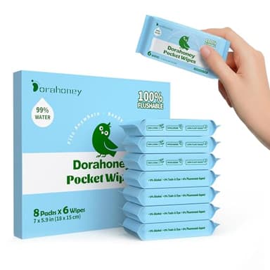 Dorahoney Lingettes Humides Toilette Format Voyage, 99% d’Eau – Sans Parfum & Hypoallergéniques – Fibres Végétales – Peaux Sensibles – Adultes, Enfants & Bébés – Lot de 8 (48 Lingettes)