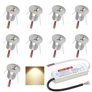 DYKUWEY Spot LED Encastrable 12V 1W, Mini Spot Led IP65, Trou Φ16mm, Spots de plafond pour cuisine, escalier, placard, couloir, éclairage DIY, vitrines, armoire, Lot de 9 (Argenté Blanc Chaud 3000K)