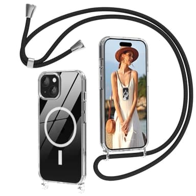 Nupcknn Coque Magnétique avec Cordon pour iPhone 15 Magsafe, Transparente Anti-Jaunissement Coque Antichoc Housse Collier Réglable Téléphone Étui Portable Lanyard Case Protection Complète Cover