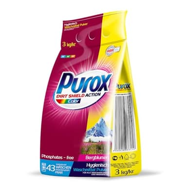 PUROX COLOR Lessive en Poudre (43 Lavages) – pour Textiles Colorés, Élimine les Taches, Formule Optimisée, Anti-Calcaire, Sac 3 kg