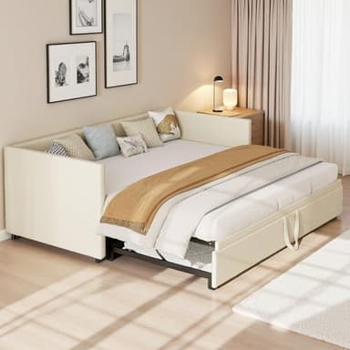 Lietre Canapé Lit Convertible 90/180 x 200 cm, Canapé Lit 2 Places Extensible avec Sommier à Lattes, Canapé Convertible Extensible pour Salon (Velours) (Beige)