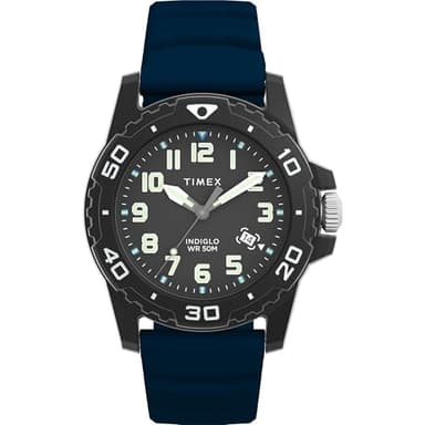 Timex Main Street Montre pour hommes, 42 mm, bracelet en silicone bleu, cadran noir, boîtier noir TW5M61100