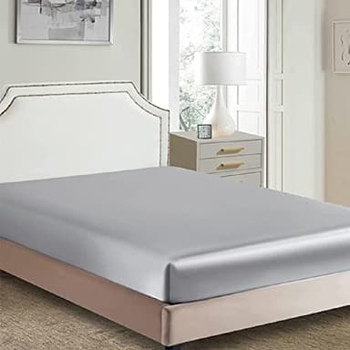 Drap-housse classique en satin soyeux pour lit, draps de luxe, couleur unie, gris, lit double (140 x 190/200 + 30 cm)
