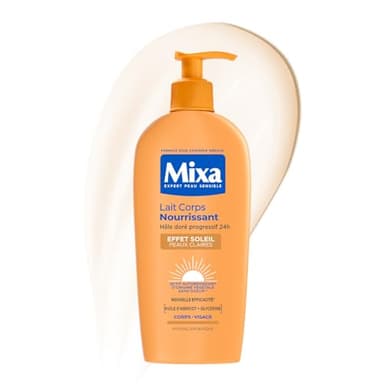 MIXA - Lait Corps Nourrissant Effet Soleil - Hâle Doré Progressif & Nutrition 24H - Beurre de Karité & Huile d’Abricot - Peaux Claires - 250ml