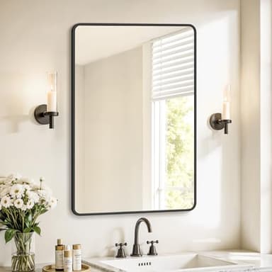 SONGMICS Miroir Salle de Bain, Miroir Mural Rectangulaire, Cadre en Aluminium, 91 x 61 cm, avec Film de Sécurité, 2 Options de Suspension, pour Salon, Chambre, Salle de Bain, Noir d’Encre LWM010BD01