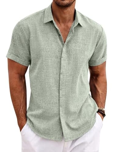 COOFANDY Chemise en Lin pour Hommes Chemises d'été à Manches Courtes Chemises en Lin Unies Chemise décontractée sans Repassage Vert Clair L