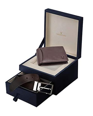 WildHorn Panier Cadeau pour Homme, Portefeuille et Ceinture en Cuir, Coffret Cadeau, Cadeau pour ami, Petit ami, Mari, père, Fils, etc. (Nouveau Marron)