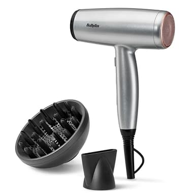 BaByliss Sèche-Cheveux Cosmos avec Diffuseur, Léger – NOUVEAUTÉ 2025, Sèche-cheveux puissant et élégant de 2100W, Technologie ionique anti-frisottis, 3 températures & 2 vitesses, Argenté, D580DE