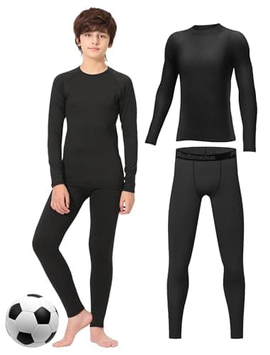 Rolimaka Ensemble de sous-vêtements thermiques pour garçons et enfants - Couche de base doublée en polaire (haut et pantalon) - Ensemble thermique pour ski et football, Noir , S