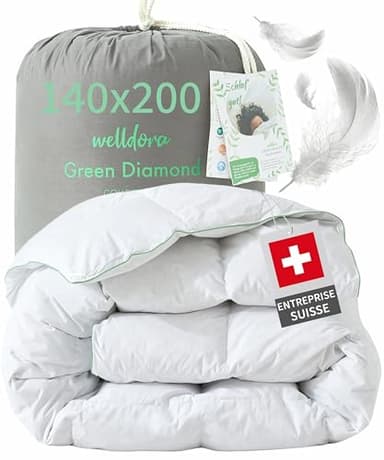 Welldora Couette 1 Personne Grand Confort 140x200 | 100% Plumes et Duvet Extradoux | Vérifiée par des Médecins, Oeko-Tex, Anti-Allergies, Certifiée RDS pour Le Bien-Être Animal | Couette Toute Saison