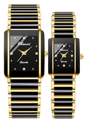 Gosasa Lot de 2 montres à quartz carrées en céramique pour homme et femme - Style vintage - Étanche - Pour homme et femme, Doré/noir, Luxe :