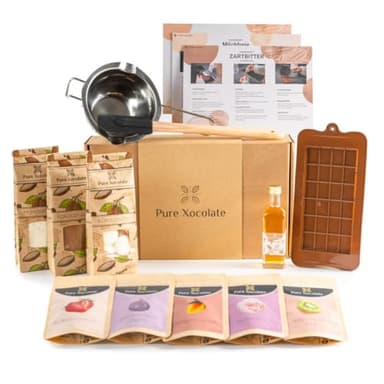 Pure Xocolate Coffret DIY Chocolat - Tablettes de Chocolat Maison - Inclus : Garnitures, Sirop d'Agave, 1 Moule Silicone, Thermomètre, Bol, Spatule - Vegan, Pauvre en Sucre, Sans Gluten ni Lactose