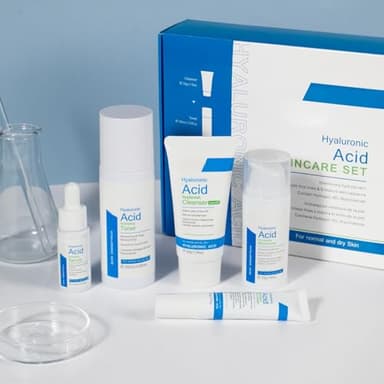 Coffret de soins du visage à l’acide hyaluronique pour femmes, set de 5 pièces avec nettoyant, tonique, sérum, crème contour des yeux et crème hydratante