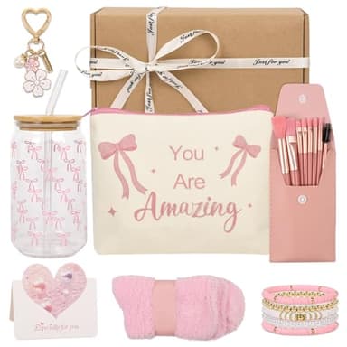 Cadeaux pour les Filles de 9 10 11 12 13 14 15 Ans,Cadeau d'anniversaire pour filles avec verre, paille et couvercle, pinceau à maquillage, porte-clés, trousse à cosmétiques et bracelet 5 en 1