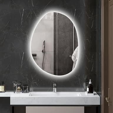 HOMCOM Miroir Salle de Bain avec éclairage LED 80 x 60 cm, Miroir Lumineux Mural asymétrique, Anti-buée, 3 Couleurs lumière, dimmable, mémoire, Interrupteur Tactile, Verre trempé, IP44, argenté