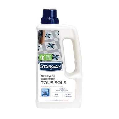 STARWAX - Nettoyant Concentré pour Sols Intérieurs - Nettoie et Dégraisse Tous les Sols Mats et Brillants - Sans rinçage - Pour Usage Régulier - Fabriqué en France - 1L - jusqu'à 50 nettoyages
