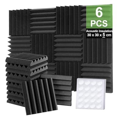 Foneso Mousse Acoustique, 30 x 30 x 5 cm (Densité :25 kg/m³) Mur Insonorisant 3D Haute Densité, Matériaux d'Insonorisation pour Salles d'Enregistrement et Bureaux (6 Morceaux, Noir)