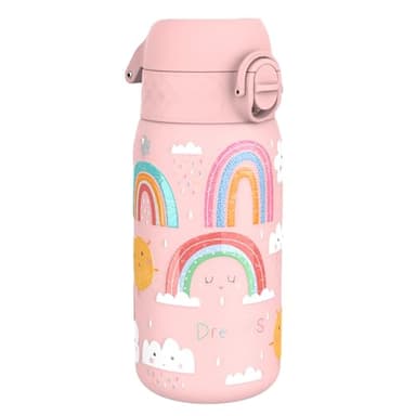 Ion8 Gourde Enfant, Inox Léger, 400ml, Non Isolé, Anti-Fuite, Facile à Ouvrir, Verrouillage Sécurisé, Lavable au Lave-Vaisselle, Poignée de Transport, Acier Inoxydable, Arcs-En-Ciel