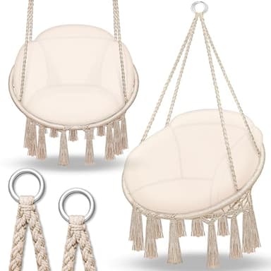 tillvex Hamac Chaise Suspendu avec Grand Coussin 200kg | Chaise Relax à Franges - Intérieur et Extérieur | Hamac avec Coussins Confortables de Siége | Kit de Suspension