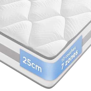 INMOKO Matelas140x190 cm, 10 Couches, Matelas à Ressorts ensachés, Hauteur de 25 cm, Soutien en 7 Zones, Design Ergonomique,Durable, réversible, fermeté Moyenne (H3/H4)