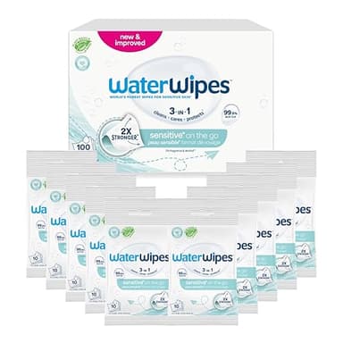 WaterWipes Sensitive+ On The Go Wipes, Lingettes On The Go, 100 unités (10 paquets), 3-en-1 nettoie, soigne, protège, 99,9% d'eau, lingettes humides non parfumées