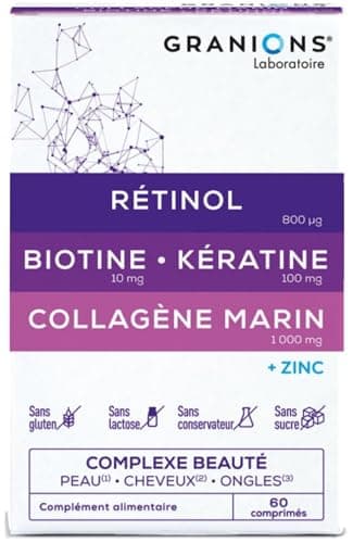 GRANIONS COLLAGENE MARIN | RETINOL + BIOTINE + KERATINE + ZINC - Collagene Complexe Beauté - Collagene pour Cheveux, Peau, Ongles- Collagene Marin Retinol + Vitamine B6, 60 comprimés -Marque Française