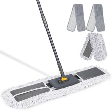 MASTERTOP 90cm Serpillère Professionnelle en Aluminium, Balai Commercial avec Manche Télescopique, Vadrouille Industriel Rotative 360° pour Bureau, Entrepôt, Garage, avec 3 Tampons (Gris)