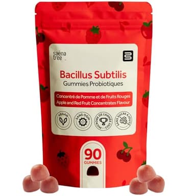 Gummies Probiotiques Flore Intestinale, 90 Gummies Vegan sans sucres ajoutés, (jusqu'à 3 mois de traitement), 3 Milliards CFU de Bacillus Subtilis, Digestion, Constipation, Ballonement - SAENATREE®