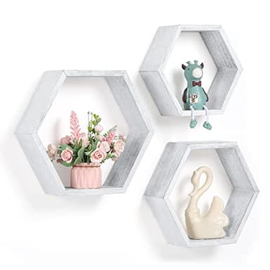 Lot de 3 étagères flottantes hexagonales en bois nid d'abeille Étagère murale en nid d'abeille Décoration murale hexagonale avec matériel de suspension pour chambre à coucher, salon, cuisine,