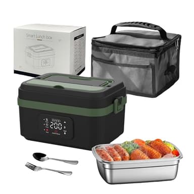 Gamelle Chauffante avec Batterie, Lunch Box Adulte de 1,3 L,Lunch box Chauffante avec Vaisselle en Acier Inoxydable et Sac Isotherme,Rechargeable Lunch Box Électrique avec Minuterie et Fonction (E)
