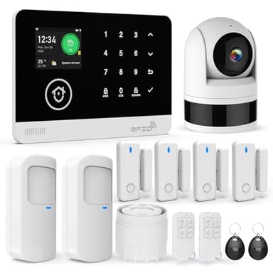 Système de Sécurité Domestique avec Caméra, Système D'alarme sans Fil WiFi/GSM SMS avec Détecteur de Mouvement, Sirène D'alarme 120dB, Télécommande Intelligente, Compatible avec Alexa(13 Pièces)