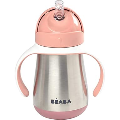 BÉABA, Biberon/Tasse d'apprentissage /Gourde Bébé 2 en 1 Inox, Paille Enfant, 100% étanche, Anti-fuite, Facile à Ouvrir, Poignées amovibles, Matière, Sain, Solide, 250 ml, Rose