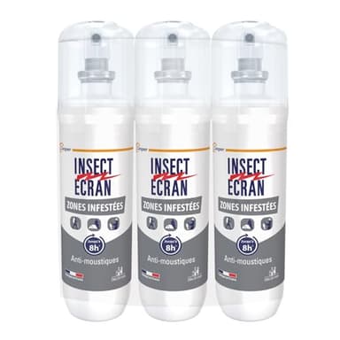 INSECT ECRAN - Anti-moustiques - Efficacité 8h - Spray répulsif peau - Protection contre les piqûres de moustiques - Zones Infestées – Made in France - 3x100 ml
