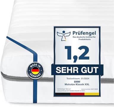 BMM Matelas 120x200 cm Classique XXL, degré de dureté H4 Extra Ferme/Matelas en Mousse Froide certifié Öko-Tex/Ergonomique, 7 Zones, épaisseur 12 cm/Matelas fabriqué en Allemagne.