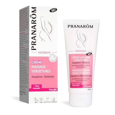 PRANARÔM - PranaBB - Crème Massage Vergetures - Souplesse & Elasticité - Aux Huiles Essentielles et Huiles Végétales Bio - Pénétration Rapide - Dès Le 1er Mois De Grossesse - Vegan - 100 ml
