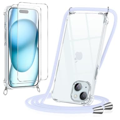 Pnakqil Coque pour iPhone 15 avec Cordon de Collier + 2×Verre Trempé, Etui avec Collier - Transparente Silicone Coque Antichoc Housse Réglable Lanyard Case Portable Protection Cover, Violet