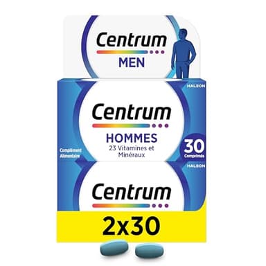 Centrum Men Multi Vitamines et Minéraux, 13 Vitamines et 10 Minéraux, Complément Alimentaire, Pour Homme, 2x30 comprimés