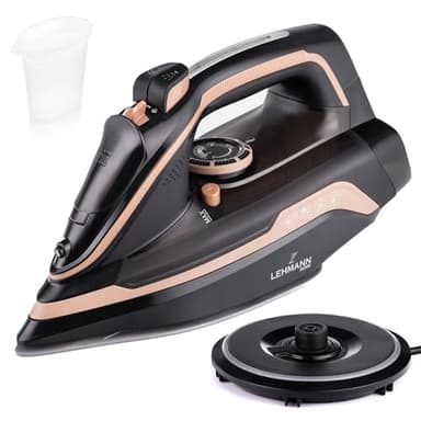 LEHMANN Fer à Repasser sans Fil avec Station de Charge, jusqu'à 3000W & 35 g/min de Vapeur Continue, Réglage Température & 5 Programmes, Semelle Céramique, Repassage Vertical, Noir/Or Rose