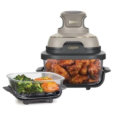 NINJA CRISPi Air Fryer Design Compact, 2 Capacités Interchangeables en Verre avec Couvercles, Capacité 3,8L ou 1,4L, 4-en-1, Pièces Amovibles lavables au lave-vaisselle, Stone/Or FN101EUSTGD