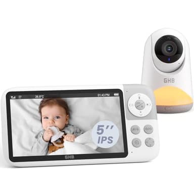 GHB Babyphone Camera 5" Camera Bebe 350° Ratation 720P HD 3050mAh Écran IPS Veilleuse à Luminosité Réglable VOX Zoom 3X Supporte 4 Caméras Vision Nocturne Audio Bidirectionnel Capteur de Température
