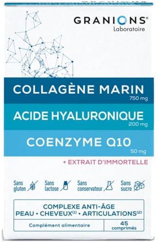 GRANIONS - Collagene Marin et Acide Hyaluronique + Coenzyme Q10 - Collagène Anti-Âge - Acide Hyaluronique - Beauté - Action Anti-Ride avec Collagene Marin - Fabriqué en France - 45 Comprimés