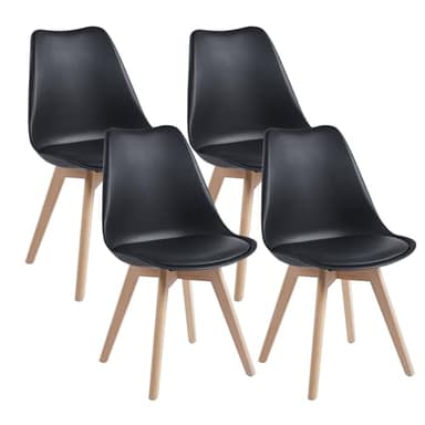 DEWINNER Chaises de Salle à Manger scandinave, Chaise de Bureau rétro, Assise rembourrée en hêtre Massif (Noir, Lot de 4)