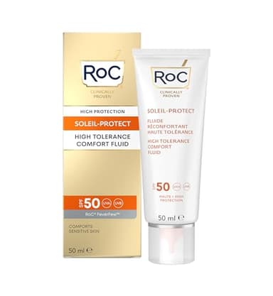 RoC - Soleil-Protect High Tolerance Comfort Fluid SPF 50 - Hydratant pour le Visage - Crème Solaire Hypoallergéniques - Peau Sensible - 50 ml