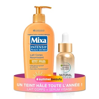 Duo Teint Hâlé Assuré – Mixa – Garnier – Lait Corps Effet Soleil + Sérum Visage Autobronzant – Hâle Naturel Progressif