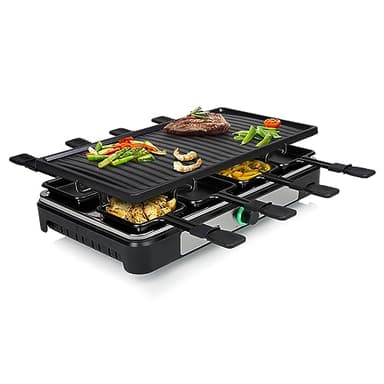 Tristar Raclette, Pour 8 Personnes, Surface de Cuisson 42 x 23 cm, Thermostat Réglable avec Anneau Lumineux, 1400 W, Noir, RA-2746