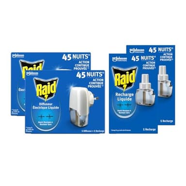 Raid Diffuseur Électrique Liquide - Répulsif Moustiques et Moustiques Tigres 180 Nuits - Sans Parfum Ajouté - 2 Diffuseurs et 4 Recharges de 32ml