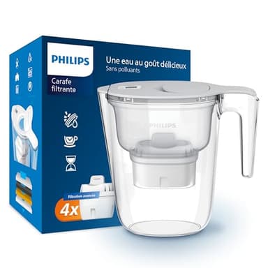 Philips Water Carafe filtrante avec 4 cartouches de remplacement, minuterie électronique, débit rapide, filtre le CHLORE, le CALCAIRE, les MÉTAUX LOURDS et les MICROPLASTIQUES, capacité de 2.6 L